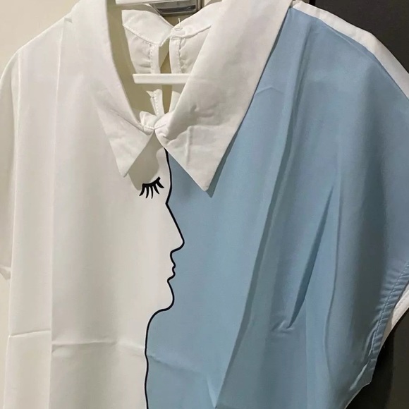 Women’s Elegant Casual Printed Top | Blouse with Stand Collar and Short Sleeve - Picture 7 of 8